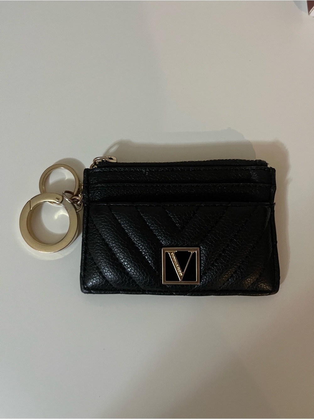 Victoria’s Secret Black Quilted Leather Card Holder with V Logo Accent